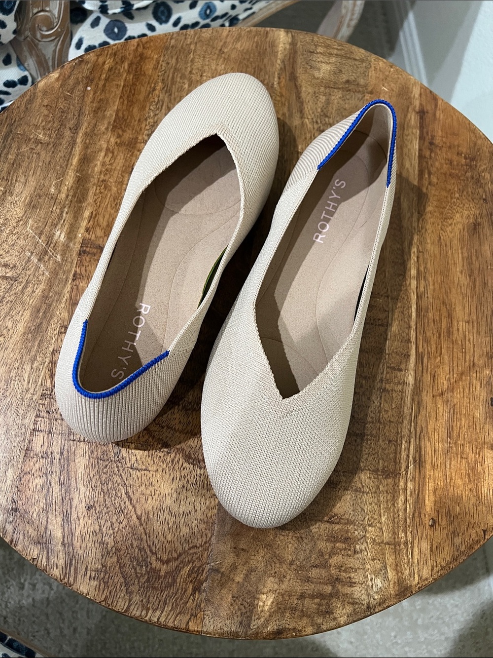 Rothy's Beige Knit Ballet Flats with Blue Trim